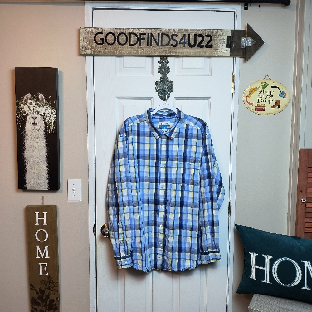 Columbia Sportswear Mens XXL Plaid Long Sleeve Button Up Shirt Blue Yellow 2XL